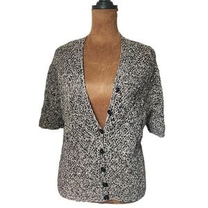 TanJay Crochet Cardigan Short Sleeve Size M‎ Beige Black Button Down Neutral Top